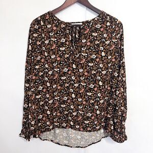 Knox Rose Women's Top Peasant Blouse Size L Floral Earth Tone Rayon Brown